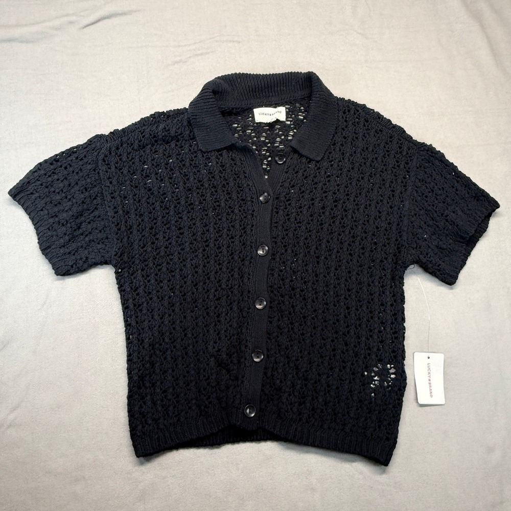 NWT Lucky Brand Knit Polo Crochet Cardigan Womens XS Black  Short Sleeve Y2K